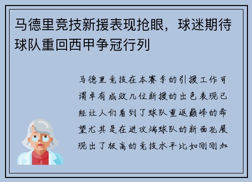 马德里竞技新援表现抢眼，球迷期待球队重回西甲争冠行列