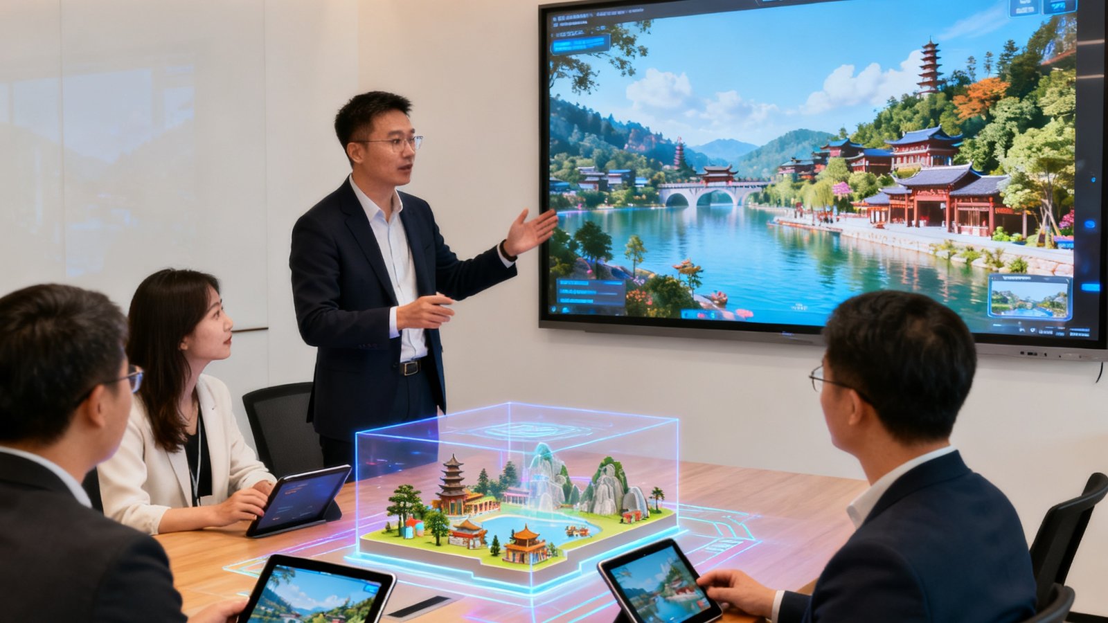 AGGAME的资深咨询顾问在明亮的会议室内向景区客户展示AR投影方案，桌面上摆放着平板电脑和全息投影微缩模型，墙上大屏幕显示着项目效果图，双方正在热烈讨论