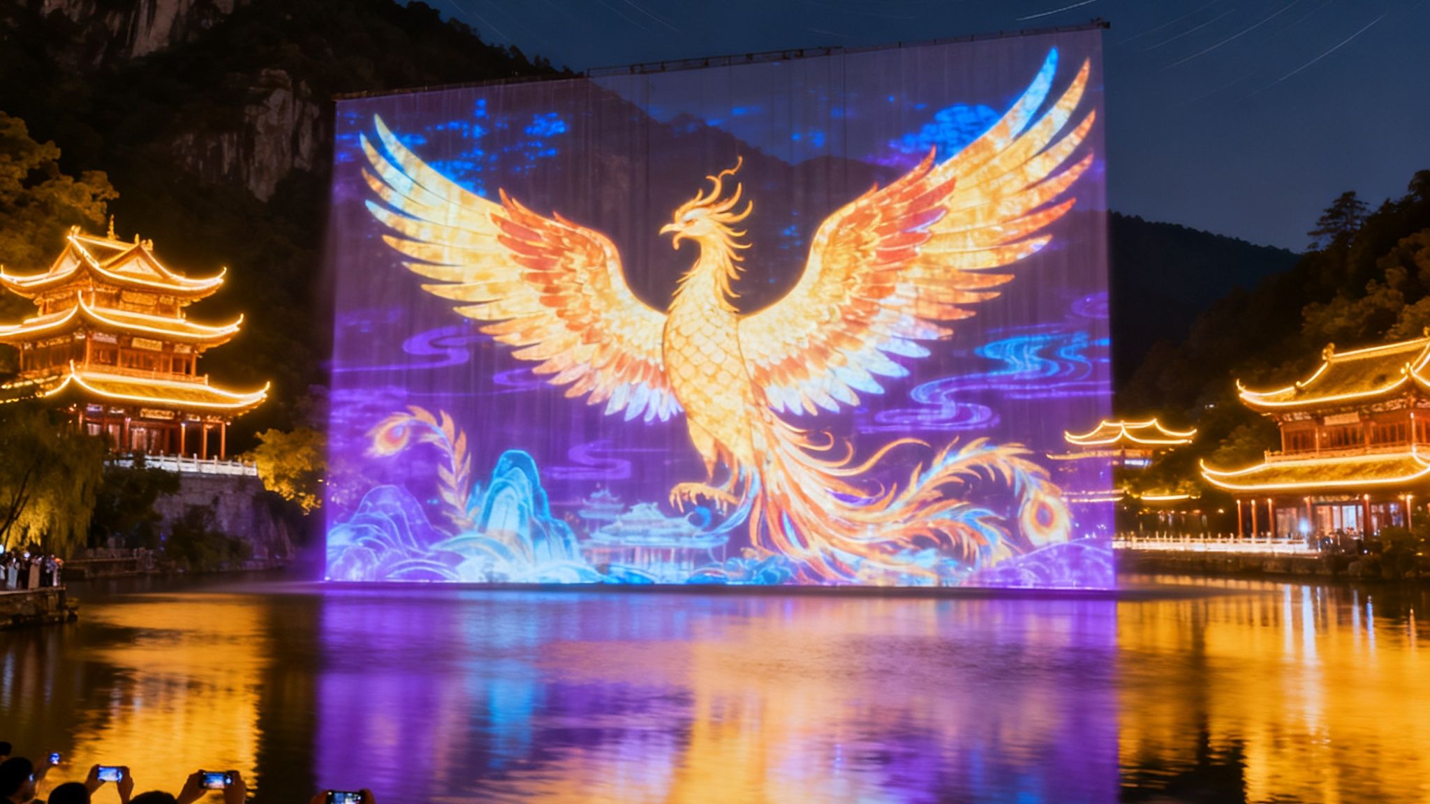 夜晚的山水景区中大型全息投影表演正在进行，湖面上映射出巨大的光影凤凰展翅画面，岸边数百名游客举起手机拍摄，古建筑被暖色灯光勾勒出飞檐轮廓，天空中有淡淡的星轨痕迹