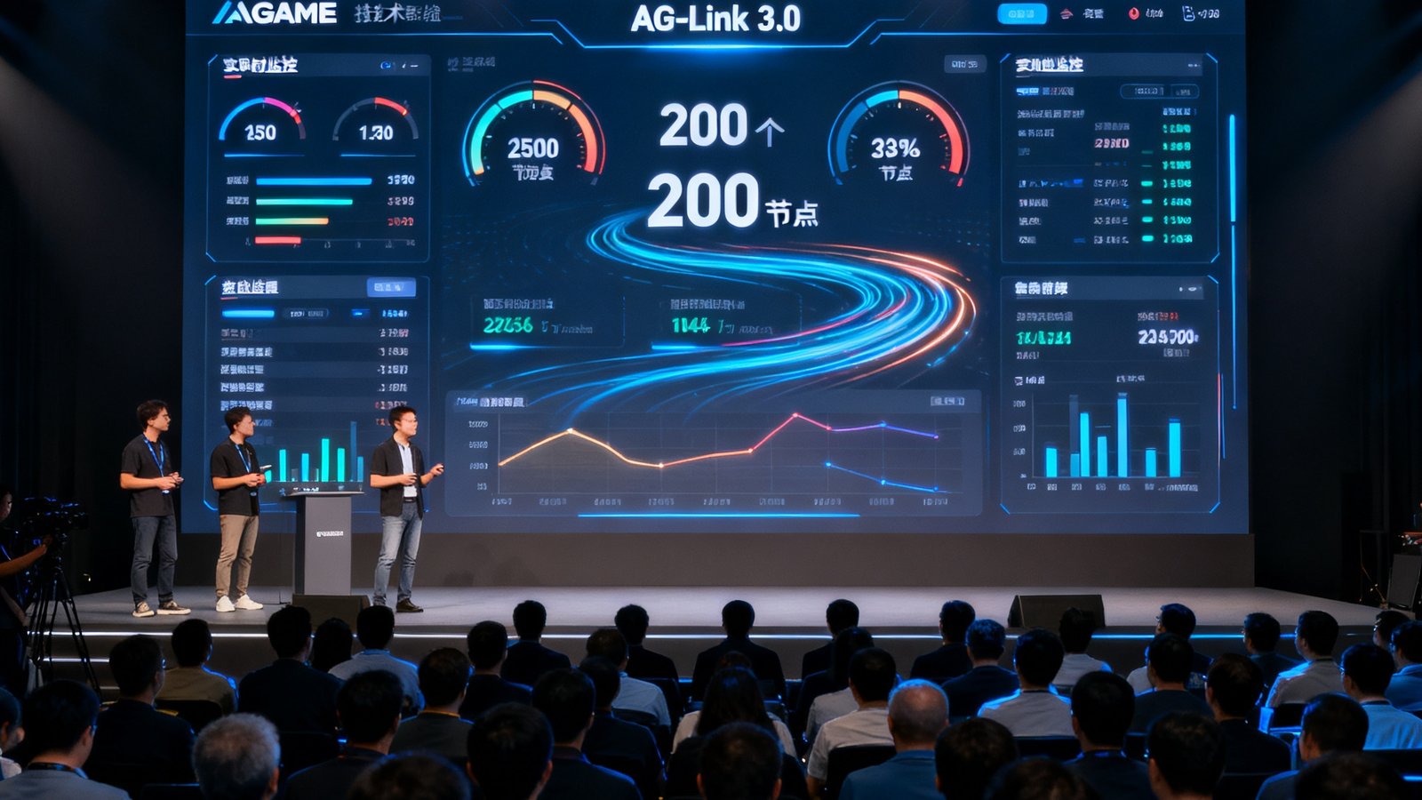 AGGAME技术团队在发布会上展示AG-Link 3.0系统界面，大屏幕上显示着实时监控200个投影节点的仪表盘，数据流动态更新，观众席上坐满了行业技术专家