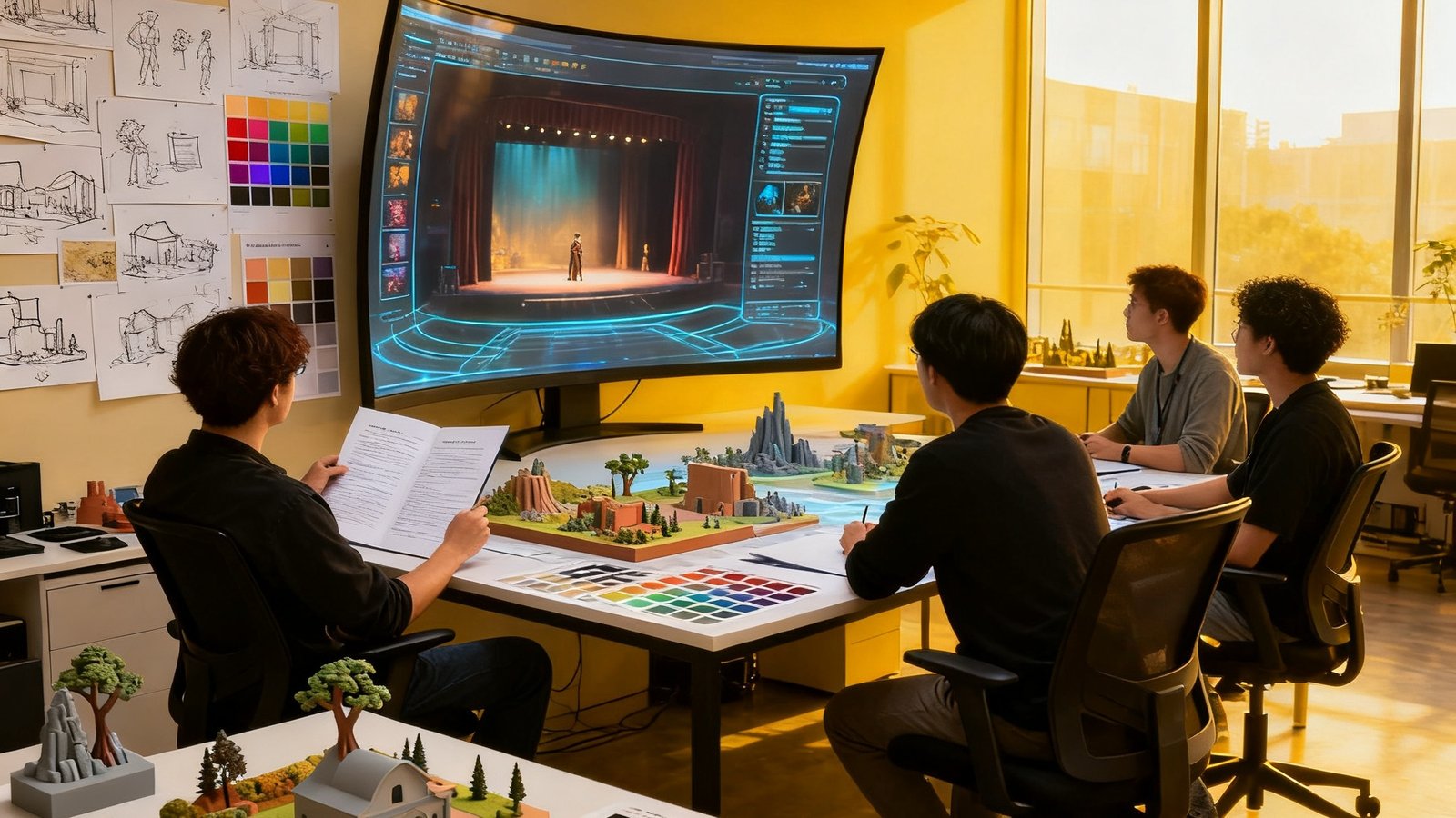 宽敞的创意工作室内，AGGAME内容团队围坐在大型曲面屏幕前讨论全息剧场剧本，墙上贴满了分镜草图和色彩方案，桌上摆放着3D打印的场景模型和色卡样本，自然光从落地窗洒入
