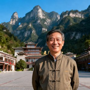 一位穿着中式立领夹克的中年男性景区管理者，面带微笑站在张家界景区游客中心前，背景是青山和蓝天