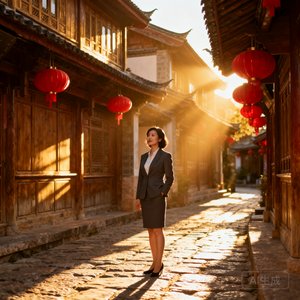 一位穿着职业装的女高管站在丽江古城青石板路上，身后是纳西族传统木楼和悬挂的红灯笼，阳光从屋檐间隙洒下